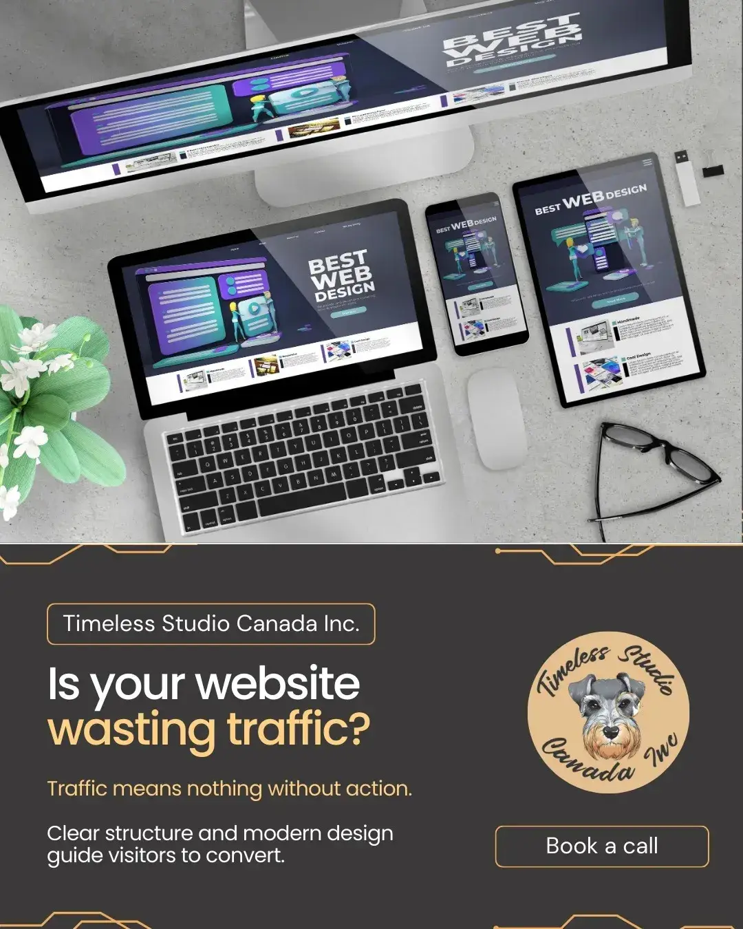 Multiple devices displaying web design concepts and a promotional message for Timeless Studio Canada Inc
